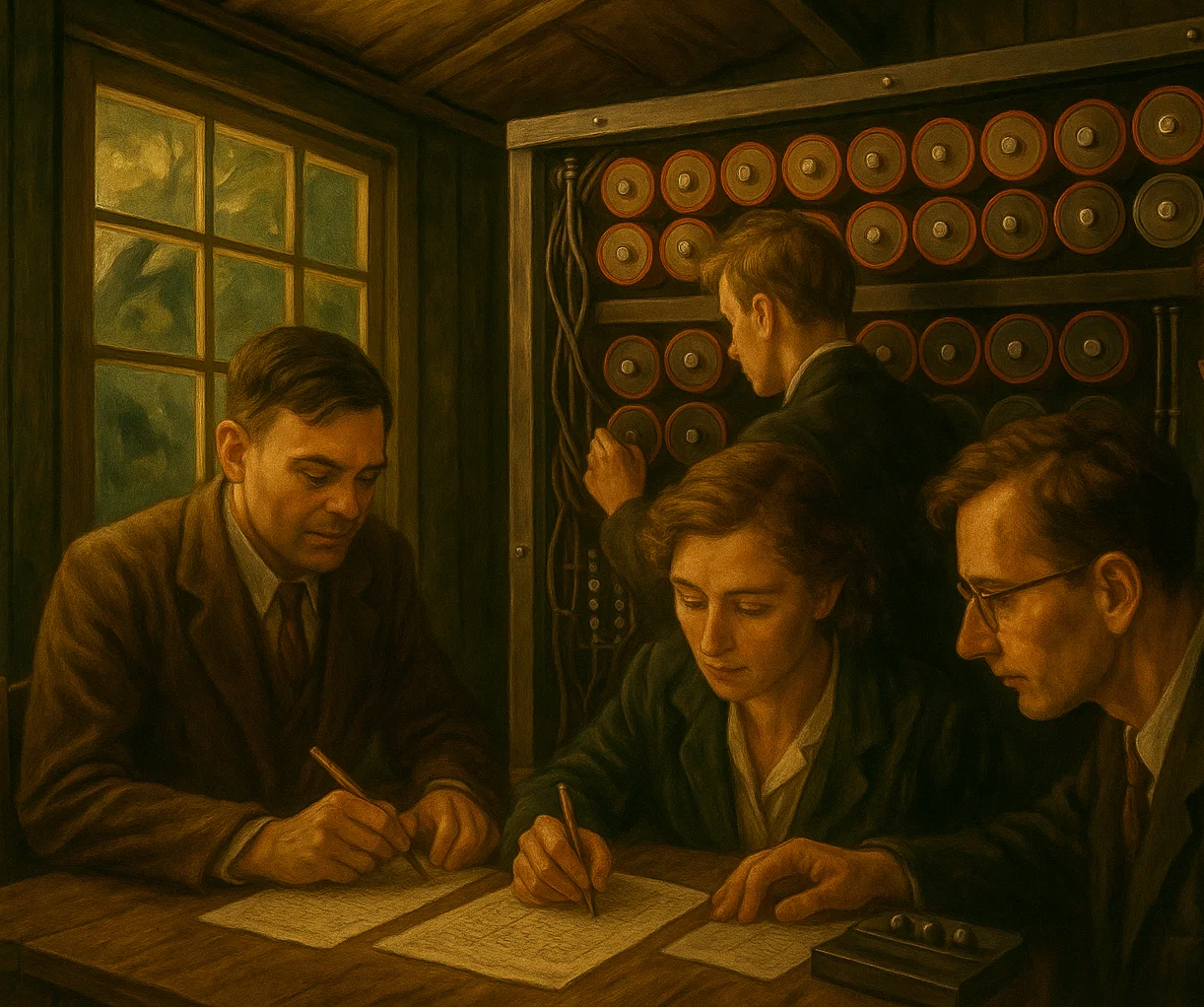 Bletchley Park team working with a Bombe machine